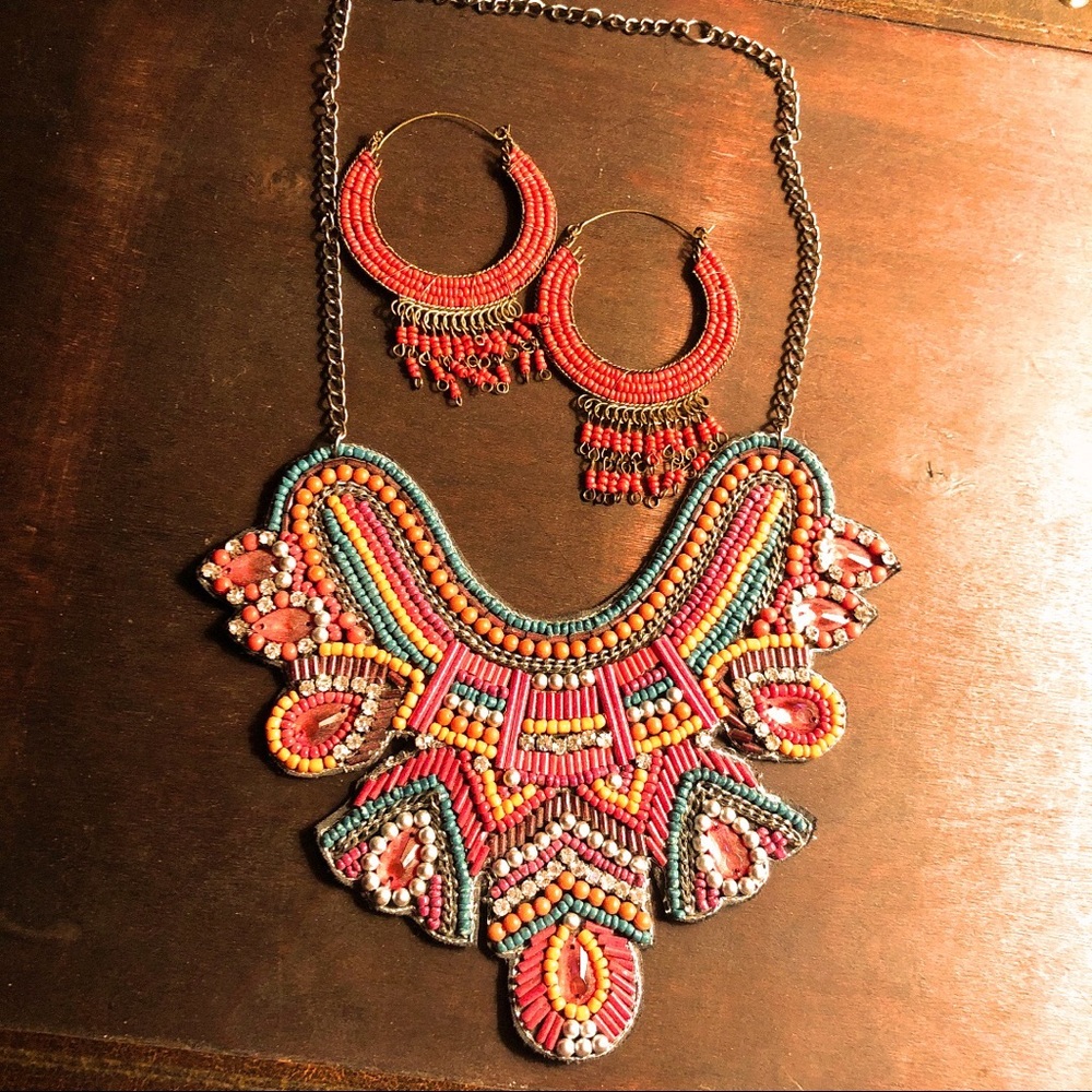 NWOT Embroidered Bead Suede Backed Necklace Deepa?